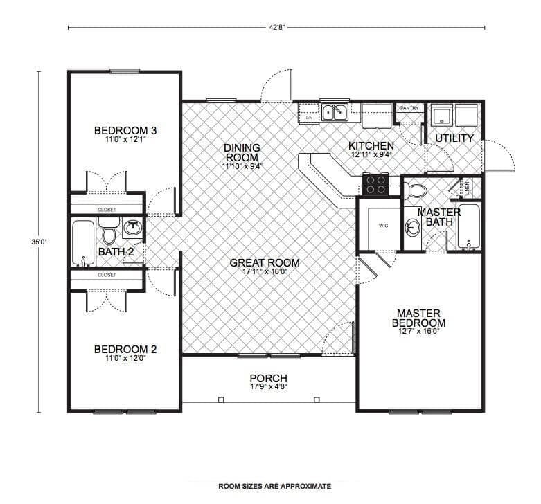 Woodcrest custom home floor plan - 3 Bed / 2 Bath / 1,298 Sq Ft